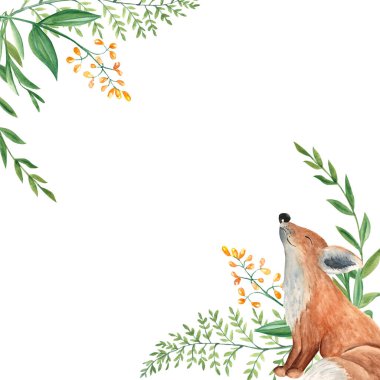 Suluboya kare orman çerçevesi, yavru tilki, eğreltiotu, yeşil dallar ve beyaz arka planda izole edilmiş sarı kır çiçekleri ile sınır. El çizimi botanik çizimi. Logo tasarımı için kullanılabilir.