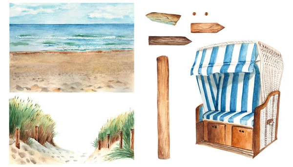 Watercolor Baltic sea set. Baltic sea beach with sand dunes, ostsee panorama, arrows trafic signs for signpost, hooded beach chair