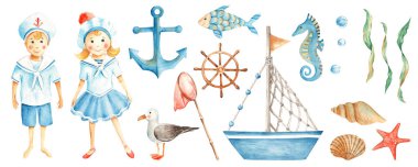 Suluboya çocuklar Baltık deniz seti. Şirin küçük denizci oğlan ve kız, ahşap direksiyon, gemi, deniz çapası, balıkçı ağı, yosunlar, deniz atı, balık, martı, kırmızı denizyıldızı, deniz kabukları, su kabukları.