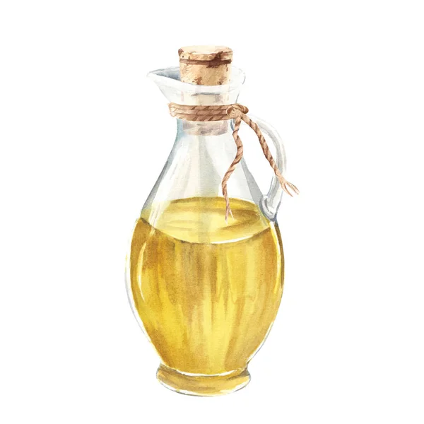 Olive Oil Glass Jug Cork Jute Cord Hand Drawn Watercolor — Stock Photo, Image