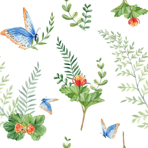 Bezešvé Akvarel Vzor Listů Bobulovin Kapradí Zelené Větve Modrý Motýl — Stock fotografie
