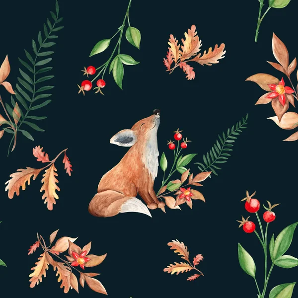 Seamless watercolor pattern with cute baby fox, oak leave, red berries and branch with red flower on black background. Botanical hand drawn illustration. Can be used for gift wrapping paper, kitchen