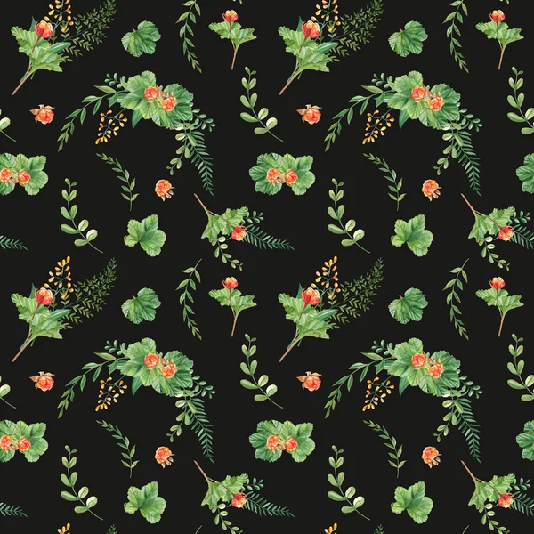 Απρόσκοπτη Υδατογραφία Φύλλα Βατόμουρου Και Μούρα Φτέρη Πράσινα Κλαδιά Κίτρινα — Φωτογραφία Αρχείου