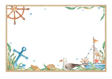 Ship, boat, seagull, seaweeds, seashells, wooden steering wheel, nautical anchor, and water bubbles. Watercolor horizontal frame with sand texture. Hand drawn illustration. Perfect as card and clipart