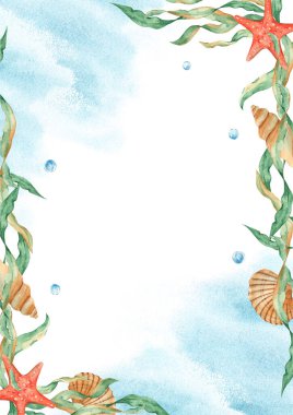 Deniz yosunlarıyla, deniz kabuklarıyla, kırmızı denizyıldızlarıyla, su kabarcıklarıyla, mavi suluboya resimleriyle dolu bir şablon. Deniz tasarımı. El çizimi suluboya çizimi. Randevu için, çocukların doğum gününü kutluyoruz.