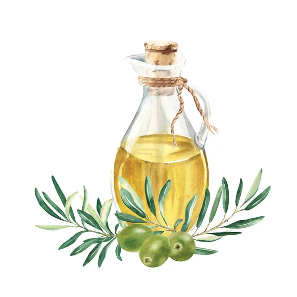 Composizione Brocca Vetro Con Olio Ramo Ulivo Con Olive Verdi — Foto Stock