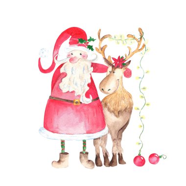 Ren geyiği olan Noel Baba, beyaz bir arka planda, yeni yıl çelengi ve topları ile izole edilmiş. Beyaz arka planda elle çizilmiş suluboya çizimi. Noel kartları ve yeni yıl kartları için iyidir.