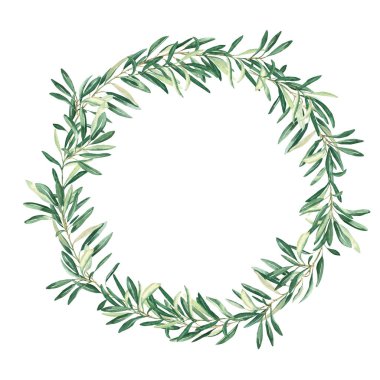 Watercolor olive wreath. Isolated on white background. Hand drawn botanical illustration. Can be used for cards, logos and food design