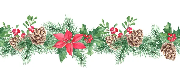 Yatay suluboya Noel sınır deseni. El çizimi çizimi. Çam kozalağı ve dallar, kırmızı böğürtlenli Holly bitkisi, puantiye, böğürtlen, yaban mersini. Kumaş, ambalaj için kullanılabilir