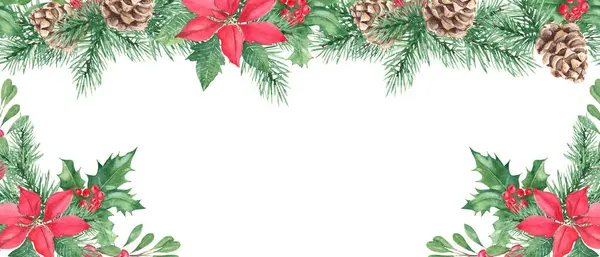 Yatay suluboya Noel çerçevesi. El çizimi çizimi. Çam kozalağı ve dallar, kırmızı böğürtlenli Holly bitkisi. Çilekli Poinsettia, yaban mersinli. Bir web pankartı ya da kart kadar mükemmel.