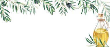 Yatay çerçeve, zeytin dalları ve olgun meyvelerle sınır. Cam sürahide yağ var. Suluboya el çizimi çizimi. Menü tasarımı için bir web pankartı kadar mükemmel