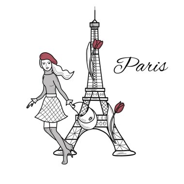 Paris 'te Eyfel Kulesi ve lale çiçekleriyle dolu bir çantasıyla bereli genç bir kız. Vektör illüstrasyonu, satır sanatı izole