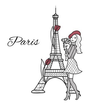 Paris 'te Eyfel Kulesi ve lale çiçekleriyle arka planda buketi olan bereli genç bir kız. Vektör illüstrasyonu, satır sanatı izole