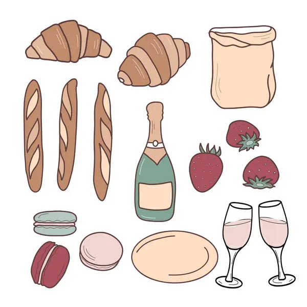 French food set. Champagne bottle, glasses, strawberries and macaroons. Croissants and baguettes. Vector coloured flat illustration in cartoon style