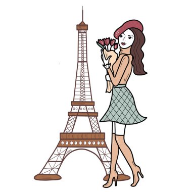Paris 'te Eyfel Kulesi' nin arka planında buketi olan bereli genç bir kız. Vektör düz resimleme izole edildi