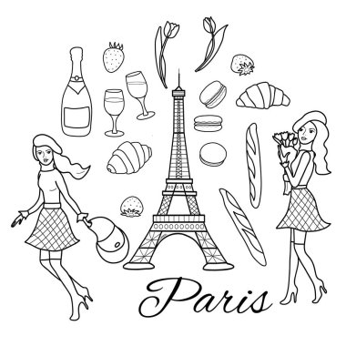 Paris sembolleri ile el çizimi simge seti. Paris klasik stil vektör taslağı çizimi karalama stili