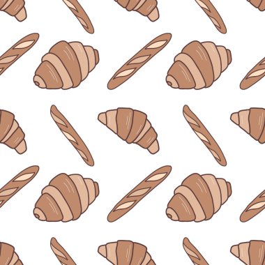Beyaz arka planda ekmeksiz desen. Kruvasan ve baget düz vektör çizimi