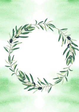 Siyah zeytin çelenkli ve suluboya resimli çiçek arkaplan şablonu. Tarihi kaydetmek için, selamlama, kırsal düğün kartı ve kapak tasarımı
