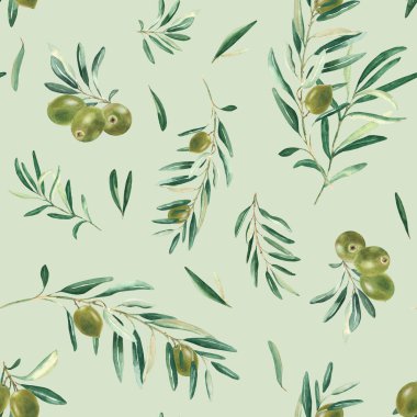 Yeşil zemin üzerinde yeşil zeytin dalları olan dikişsiz suluboya deseni. Tekstil, duvar kağıdı baskıları, mutfak, yemek ve kozmetik tasarım için kullanılabilir