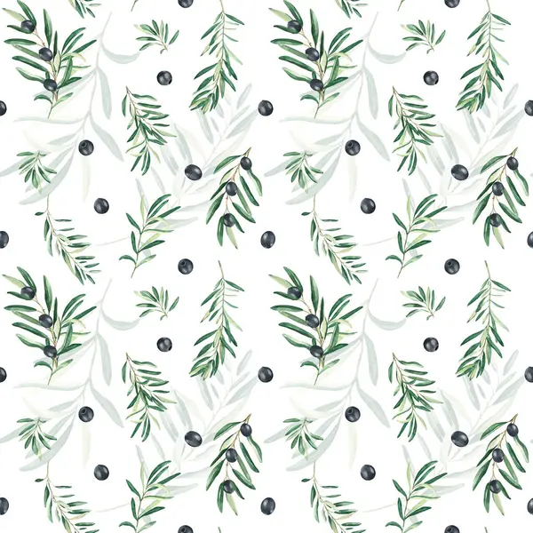 Watercolor seamless pattern with branches of black olives on a white background. Can be used for textile, wallpaper prints, kitchen, food and cosmetic design