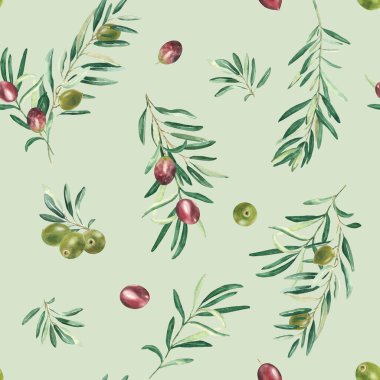 Bej arkaplanda yeşil ve kırmızı zeytin dalları olan dikişsiz suluboya deseni. Tekstil, duvar kağıdı baskıları, mutfak, yemek ve kozmetik tasarım için kullanılabilir