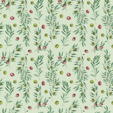 Yeşil zemin üzerinde yeşil ve kırmızı zeytin dalları olan dikişsiz suluboya deseni. Tekstil, duvar kağıdı baskıları, mutfak, yemek ve kozmetik tasarım için kullanılabilir