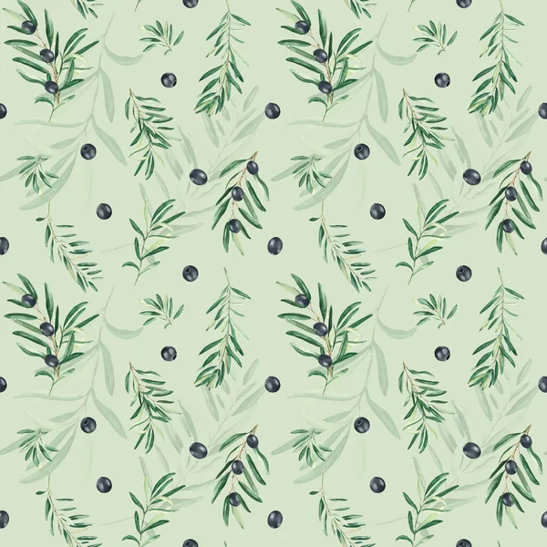 Watercolor seamless pattern with branches of black olives on a green background. Can be used for textile, wallpaper prints, kitchen, food and cosmetic design