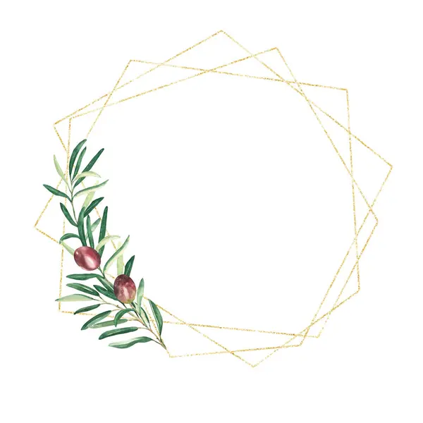 Golden geometric frame, wreath with olive branch, red olives isolated on white background. For wedding stationery, invitations, save the date, greeting card, logos