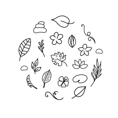 Basit el çizimi tropikal çiçek tasarımı elementleri karalama stilinde. Yapraklar, çiçekler, dallar ve taşlar. Desen, logo veya dekorasyon için