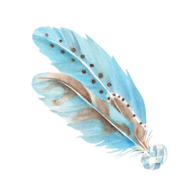 Mavi tüylerden suluboya kompozisyonu ve beyaz arka planda kristal izole edilmiş. El çizimi çizimi. Dekorasyon, düş kapanı, kartlar ve tekstil baskıları için tasarım ögesi