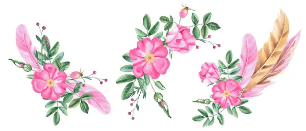 Akvarel Květinové Kompozice Psa Růže Květiny Listy Poupata Růžové Béžové — Stock fotografie