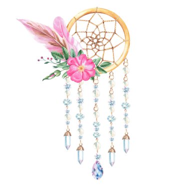 Dream catcher with glass beads and crystals, dog rose flowers and pink feathers. Watercolor hand drawn illustration on a white background. Bohemian decoration. American culture mystery ethnic tribal clipart