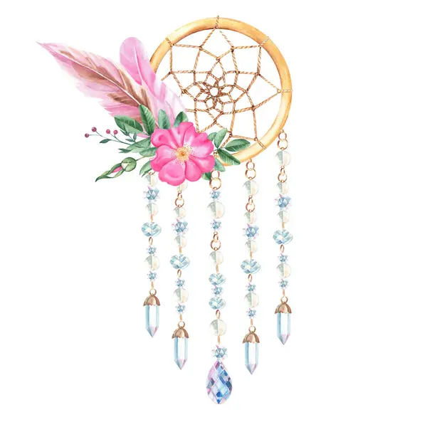 Dream Catcher Glass Beads Crystals Dog Rose Flowers Pink Feathers — Stock Photo, Image