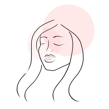 Pastel pembe gözlüklü, uzun saçlı kadın yüz çizgisi. Minimalist stil. Poster, logo, kozmetik ya da makyaj tasarımı ve tişört baskıları için güzellik çizimi.