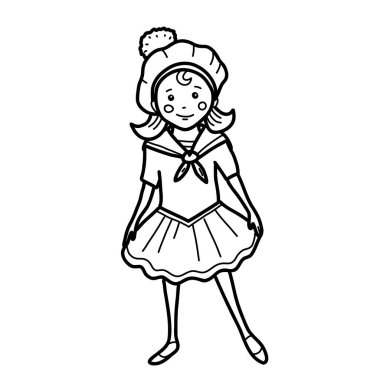 Denizci elbisesi içinde şirin bir denizci kız. Karalama tarzında çocuklar için vektör denizciliği. Beyaz arkaplanda el çizimi