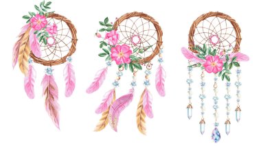 Dream catchers set with feathers, crystals, beads and rose hip, dog rose flowers and branches. Watercolor hand drawn illustration isolated on white background. Bohemian decoration. American culture clipart