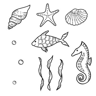 Deniz hayatı ayarlandı. El yapımı deniz kabukları, yıldız, at ve balık. Deniz yosunlarının, laminarya yosunlarının ve karalama tarzında su kabarcıklarının vektör çizimleri. Deniz altı tasarım elementlerini çiz