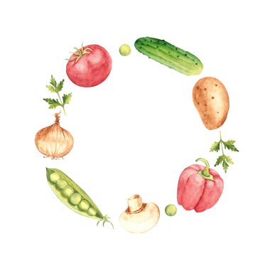 Sebzeler suluboya çelenk, yuvarlak çerçeve. Botanik sebze eliyle çizilmiş suluboya çizimi beyaz arka planda izole edilmiş. Kart, logo ve gıda tasarımı için kullanılabilir. Eski stil