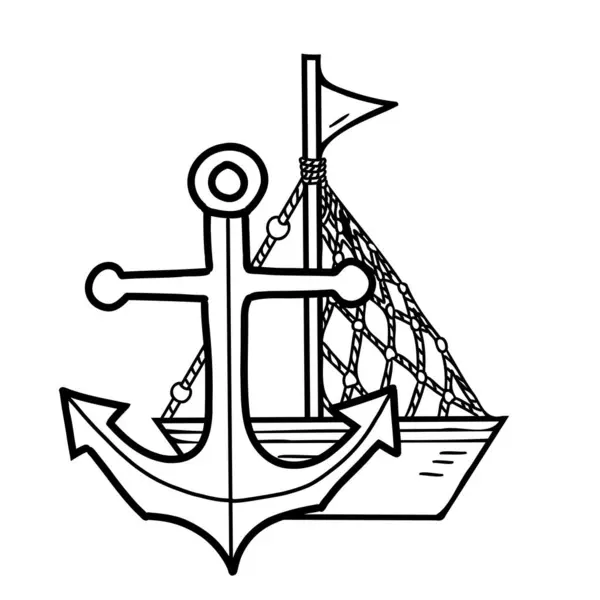 Composizione Marina Carino Nave Barca Con Ancora Nautica Illustrazione Vettoriale — Vettoriale Stock