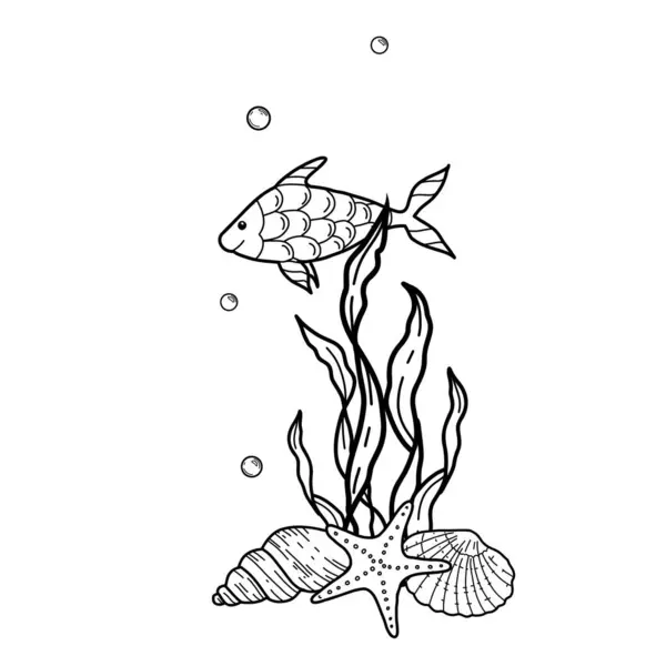 Composizione Marina Subacquea Pesci Carini Alghe Stelle Marine Conchiglie Illustrazione — Vettoriale Stock