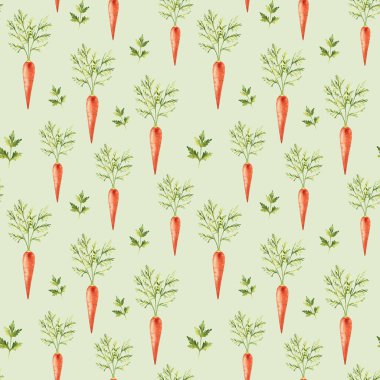 Maydanoz dalları ve açık yeşil arkaplanda yaprakları olan dikişsiz havuç boyası deseni. Mutfak tekstil baskıları ve ürün ambalaj tasarımı için kullanılabilir