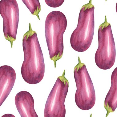 Beyaz arka planda patlıcanlar sulu boya desenleri. Mutfak tekstil baskıları ve ürün ambalaj tasarımı için kullanılabilir