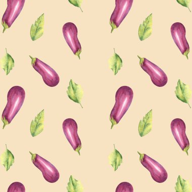 Bej bir arka planda suluboya yapraklı patlıcanlar. Mutfak tekstil baskıları ve ürün ambalaj tasarımı için kullanılabilir