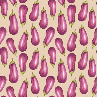 Patlıcanlar bej arka planda dikişsiz patlıcan deseni. Mutfak tekstil baskıları ve ürün ambalaj tasarımı için kullanılabilir