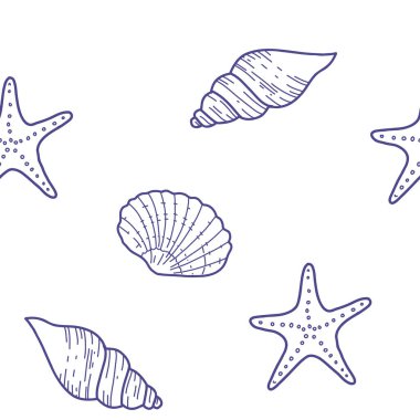 Sea Hand 'in altında denizyıldızı ve deniz kabuklarıyla kusursuz desenler çizildi. Vektör illüstrasyonu, beyaz arkaplanda izole edilmiş mavi çizgi sanatı. Kumaş, duvar kağıdı ve deniz plajı tasarımı için.