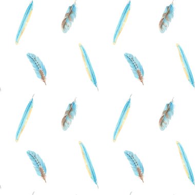 Mavi Tüylü Suluboya, beyaz arka planda pürüzsüz desen. El çizimi çizimi. Kumaş, tekstil ve ambalaj izleri için kullanılabilir