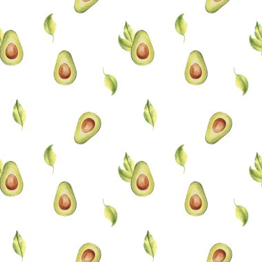 Olgun avokado yarımlarının dikişsiz deseni ve beyaz arka planda yapraklar. Mutfak tekstil baskıları ve ürün ambalaj tasarımı için kullanılabilir