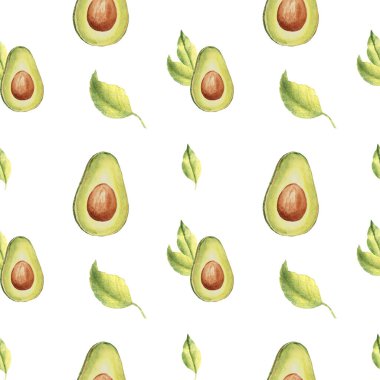 Olgun avokado yarımlarının dikişsiz deseni ve beyaz arka planda yapraklar. Mutfak tekstil baskıları ve ürün ambalaj tasarımı için kullanılabilir