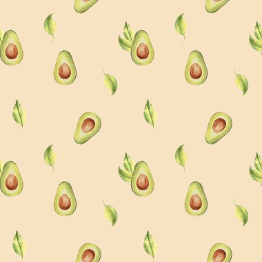 Suluboya desensiz olgun avokado yarımları ve bej arkaplanda yapraklar. Mutfak tekstil baskıları ve ürün ambalaj tasarımı için kullanılabilir