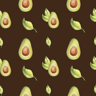 Olgun avokado yarımları ve koyu kahverengi arkaplanda yapraklar. Mutfak tekstil baskıları ve ürün ambalaj tasarımı için kullanılabilir